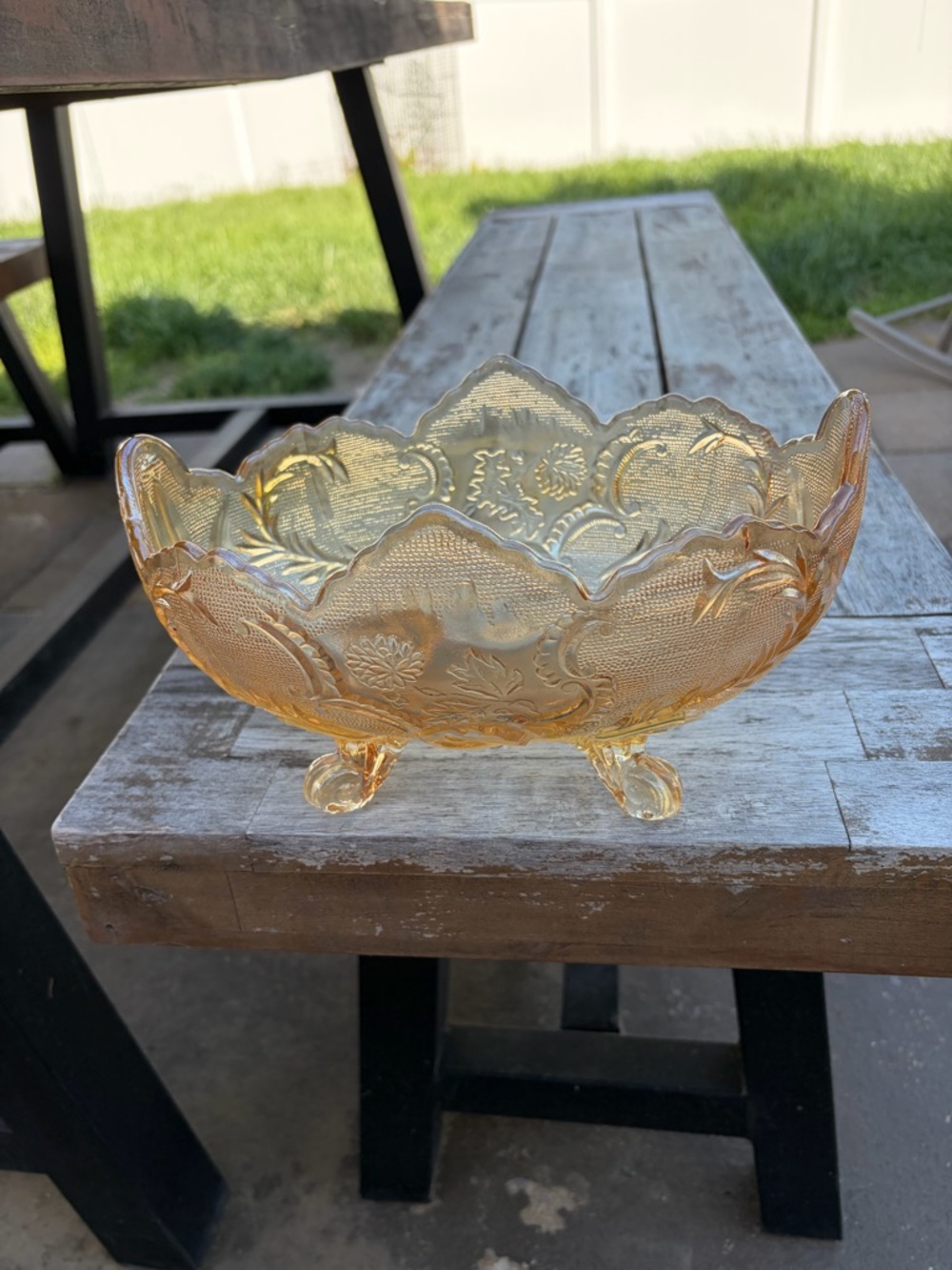 Large Vintage Marigold Glass Fruit Bowl – Elegant Floral Scroll Pattern